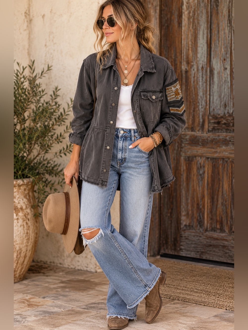 Free People Embellished Military Shirt Jacket Gray Beaded Distressed Large